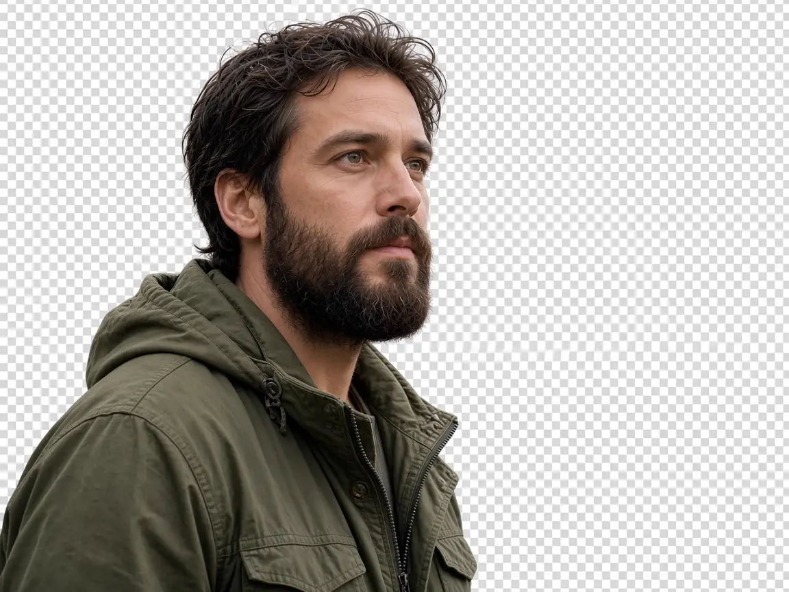 Same portrait with the background removed on a transparent checkerboard